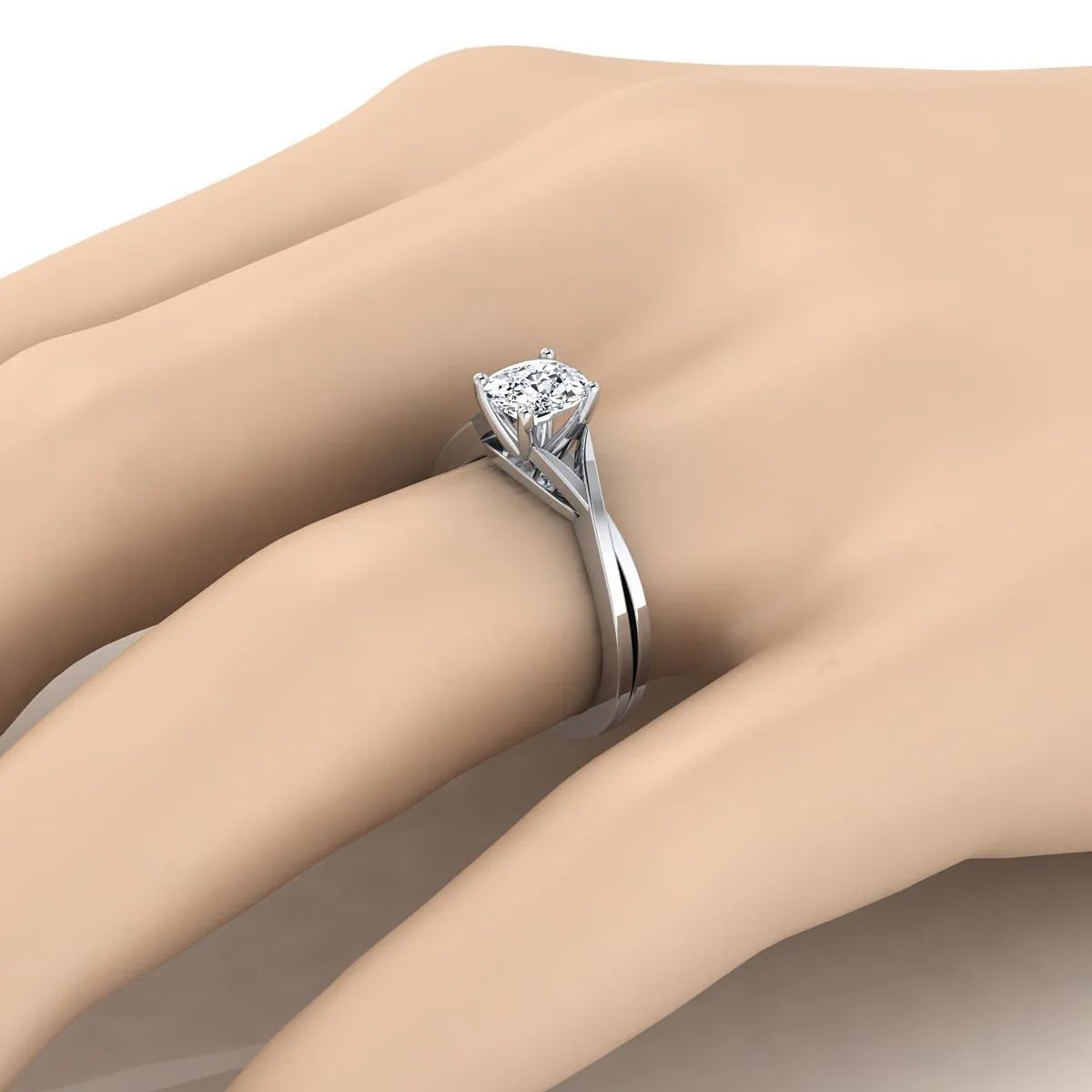 14K White Gold Cushion Delicate Twist Solitaire Engagement Ring