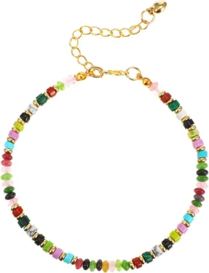 1PCS Boho Ankle Bracelet 4mm Beaded Anklet For Women, Adjustable Beaded Anklet, Women Waterproof Summer Beach Foot Jewelry, Gold Bracelets With Colorful Chalcedony, Turquoise, Agate, Foot Chain