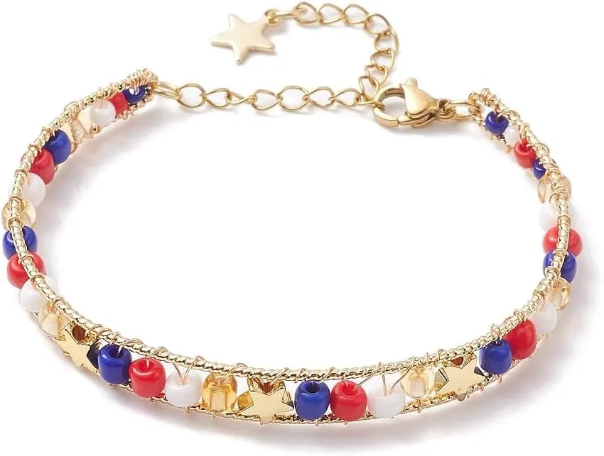 LiQunSweet 3 pcs Red Blue Star Theme Brass Glass Seed Beaded Bangle Bracelets Independence Day Bracelet for DIY Jewelry String Wrist Anklets Decorations
