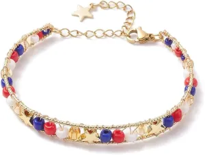 LiQunSweet 3 pcs Red Blue Star Theme Brass Glass Seed Beaded Bangle Bracelets Independence Day Bracelet for DIY Jewelry String Wrist Anklets Decorations