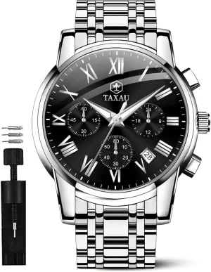 Mens Watches Luxury Multifunction Waterproof Watches for Men Big Face Analog Quartz Stainless Steel Silver Men's Wrist Watches Chronograph with Date Luminous