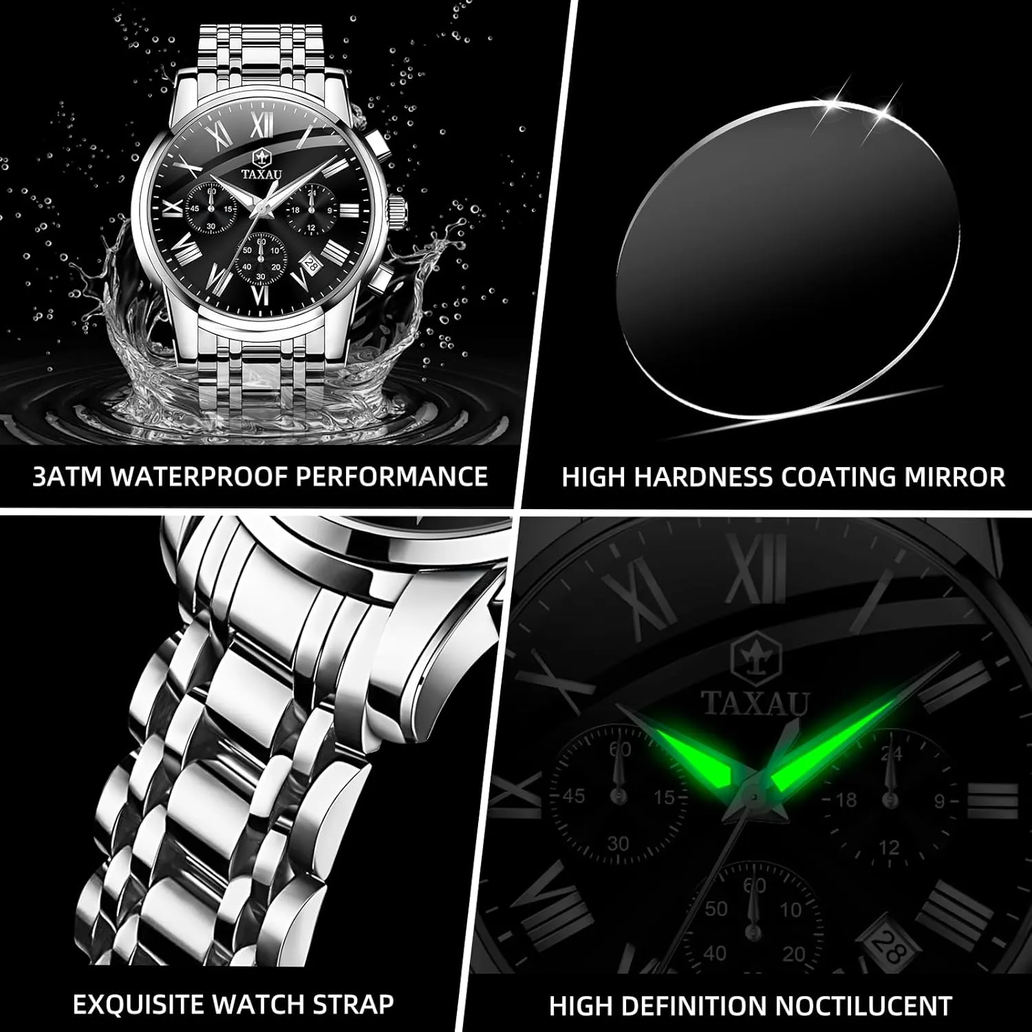 Mens Watches Luxury Multifunction Waterproof Watches for Men Big Face Analog Quartz Stainless Steel Silver Men's Wrist Watches Chronograph with Date Luminous