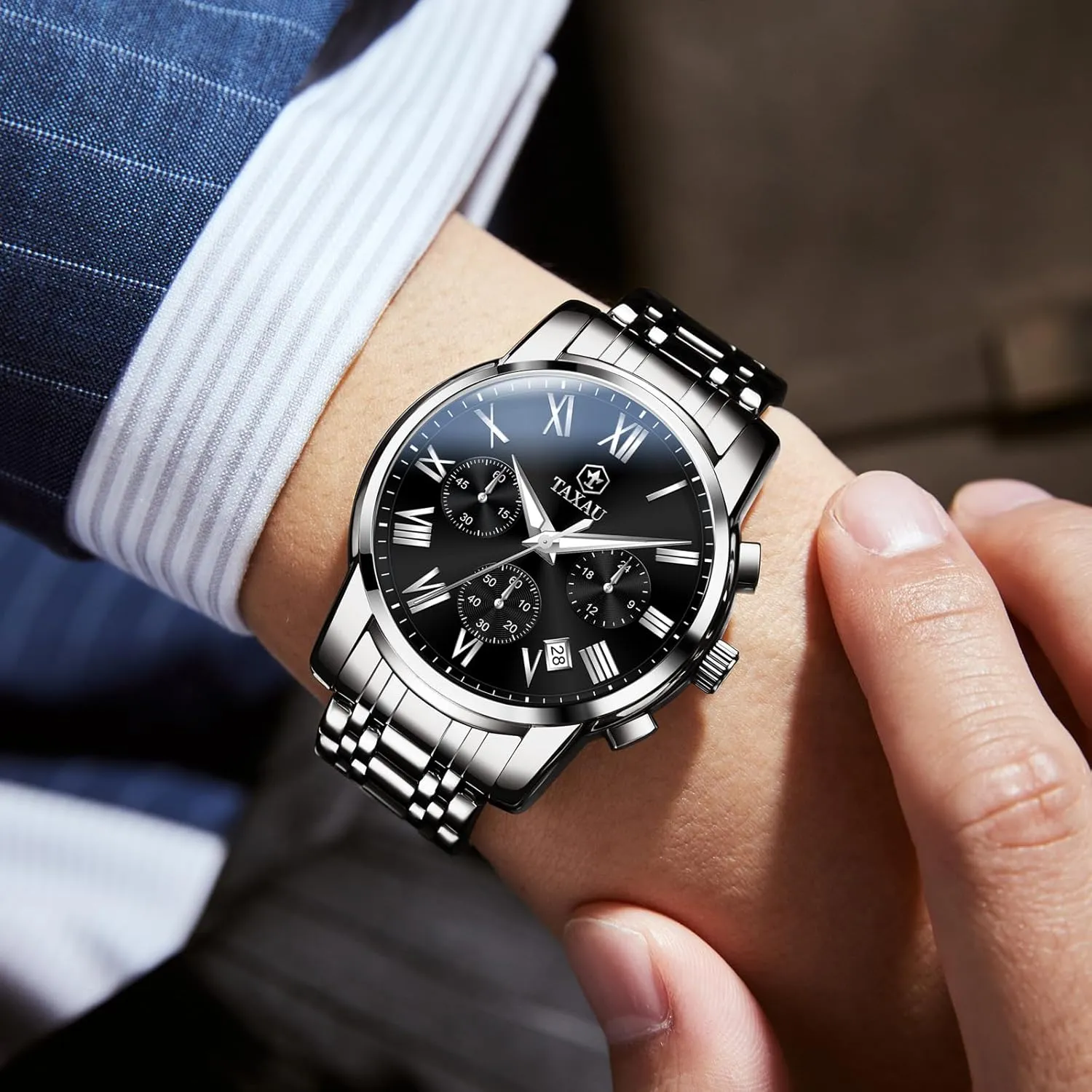 Mens Watches Luxury Multifunction Waterproof Watches for Men Big Face Analog Quartz Stainless Steel Silver Men's Wrist Watches Chronograph with Date Luminous