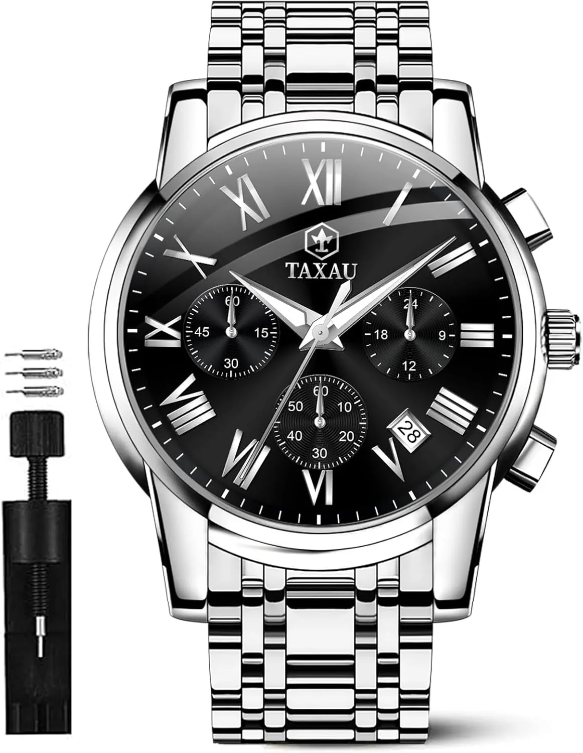 Mens Watches Luxury Multifunction Waterproof Watches for Men Big Face Analog Quartz Stainless Steel Silver Men's Wrist Watches Chronograph with Date Luminous