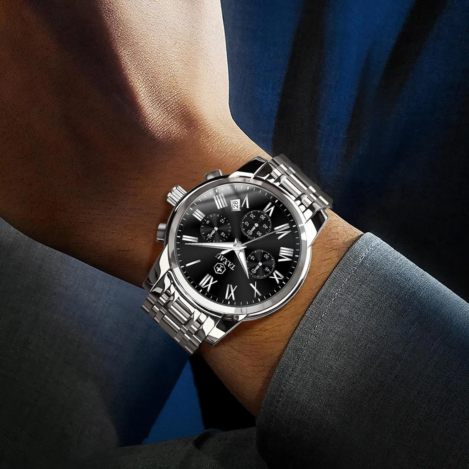 Mens Watches Luxury Multifunction Waterproof Watches for Men Big Face Analog Quartz Stainless Steel Silver Men's Wrist Watches Chronograph with Date Luminous
