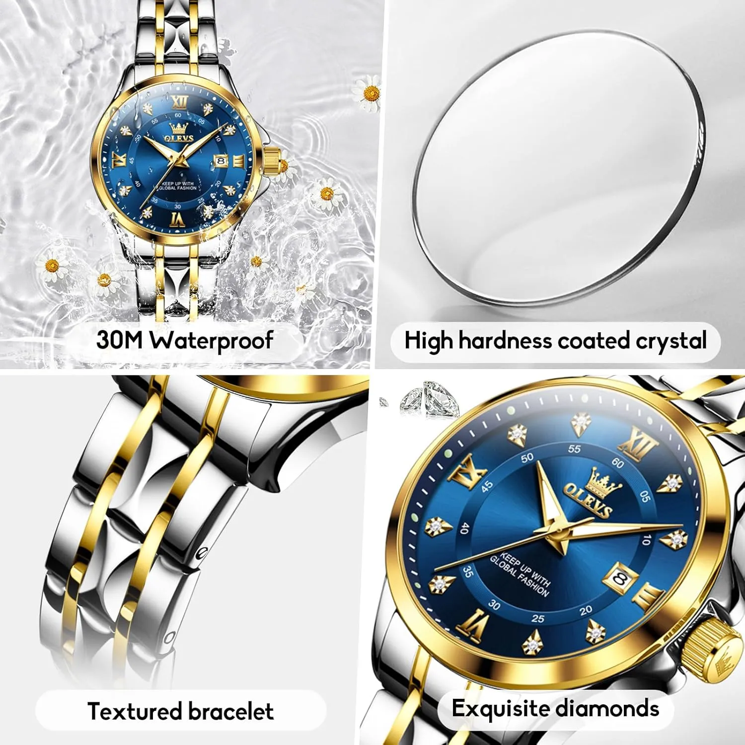 OLEVS Women's Watches Luxury Diamond Arabic Dial Wrist Watch for Women with Date Waterproof Stainless Steel Quartz Ladies Watch